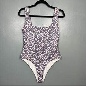 NWT Leopard Print One Piece Square Neck High Hip Swimsuit Pastel Purple Pink M